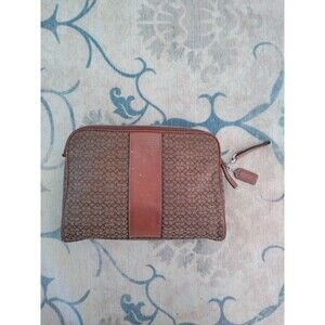 Vintage COACH Mini  F05094 Tan Logo Jacquard Leather Mens Clutch Y2K 90s 80s